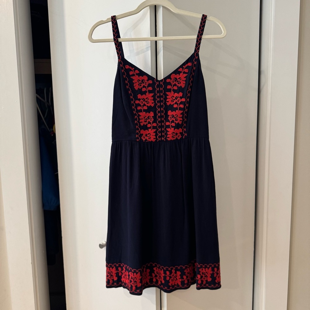 Navy Blue Dress with Red Embroidery